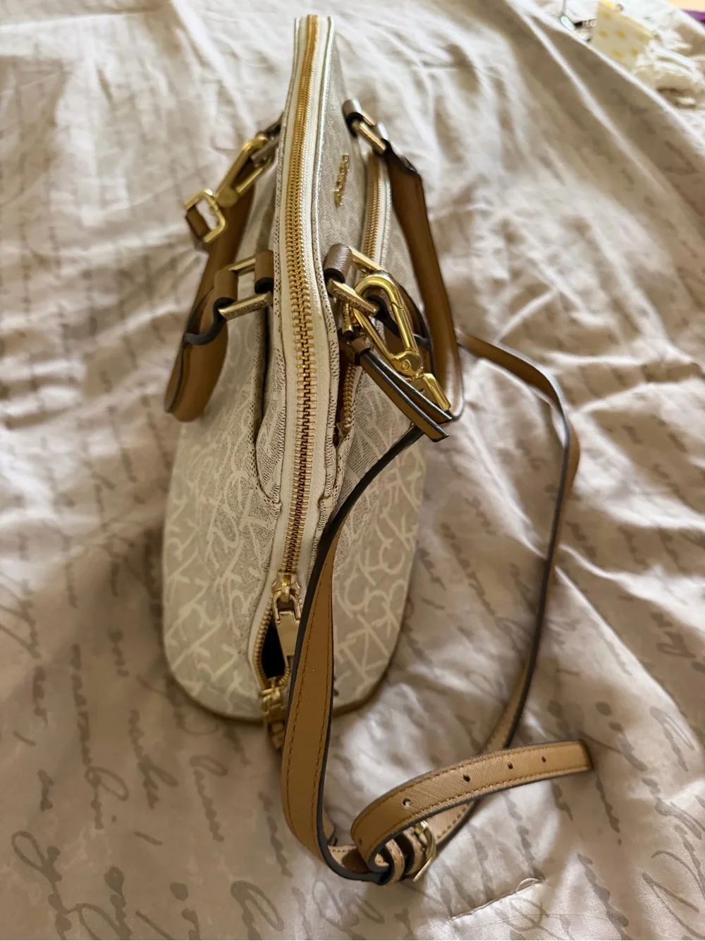 Calvin Klein Cream Logo Satchel with Brown Trim and Gold Hardware